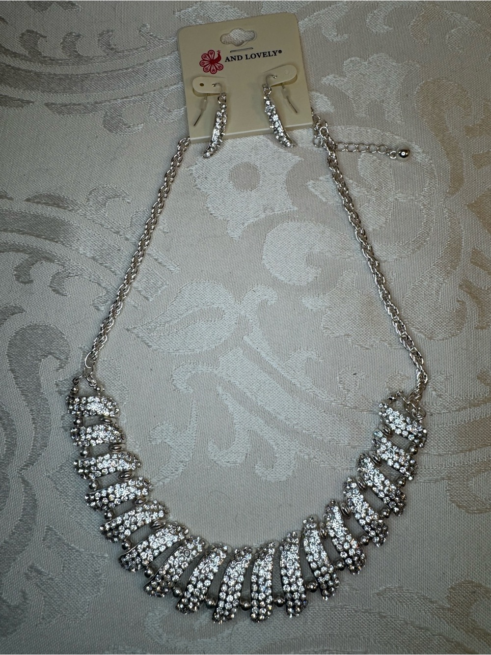 New And Lovely 3pc Silver Crystal Statement Necklace and Earrings Set